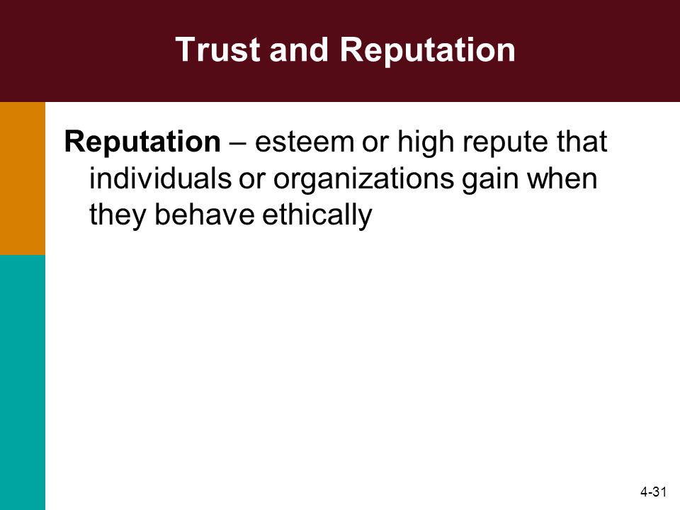 4-31 Trust and Reputation Reputation – esteem or high repute that individuals or organizations gain when they behave ethically