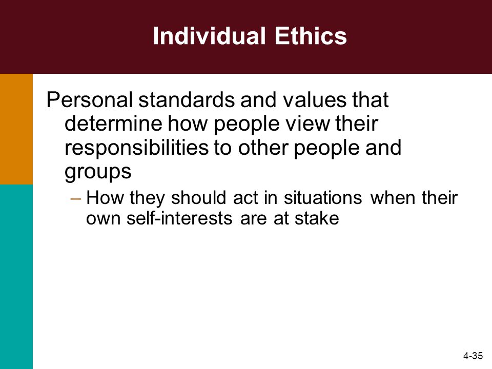 4-35 Individual Ethics Personal standards and values that determine how people view their responsibilities to other people and groups –How they should act in situations when their own self-interests are at stake