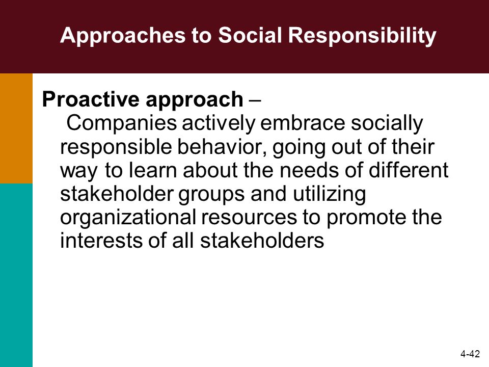 4-42 Approaches to Social Responsibility Proactive approach – Companies actively embrace socially responsible behavior, going out of their way to learn about the needs of different stakeholder groups and utilizing organizational resources to promote the interests of all stakeholders