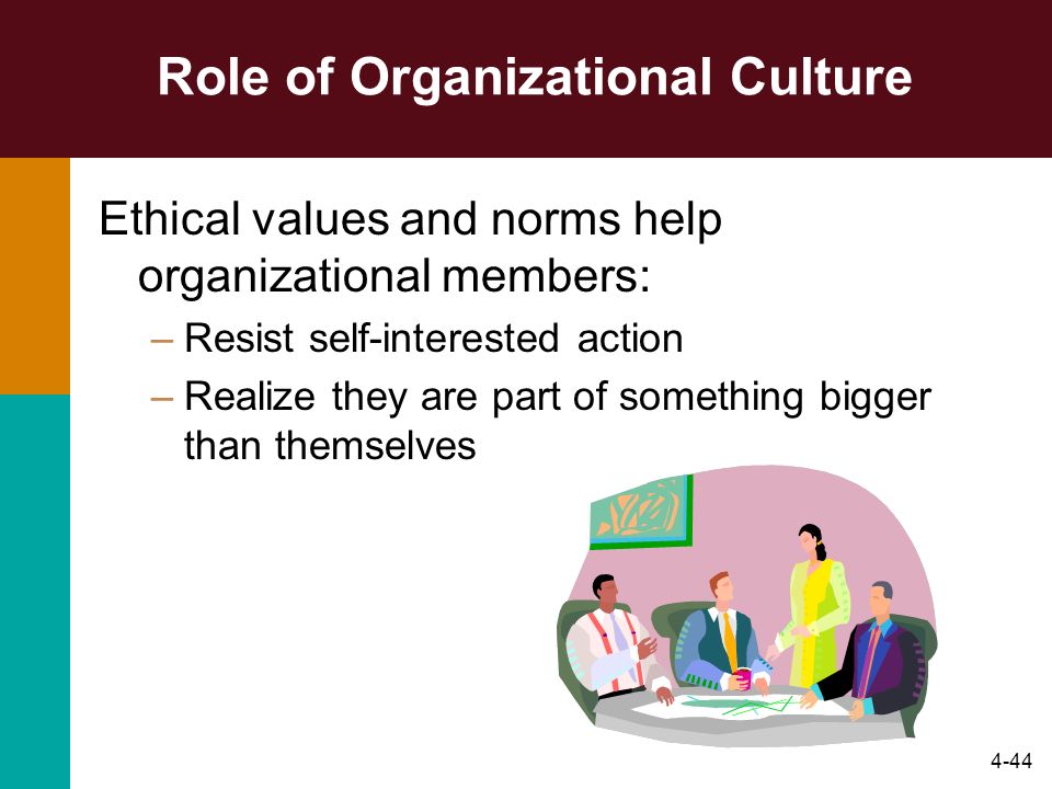 4-44 Role of Organizational Culture Ethical values and norms help organizational members: –Resist self-interested action –Realize they are part of something bigger than themselves