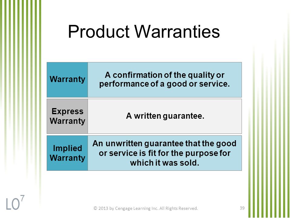 Product Warranties Warranty Express Warranty Implied Warranty A confirmation of the quality or performance of a good or service.
