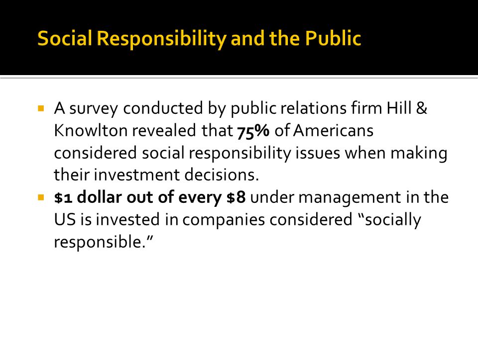  A survey conducted by public relations firm Hill & Knowlton revealed that 75% of Americans considered social responsibility issues when making their investment decisions.