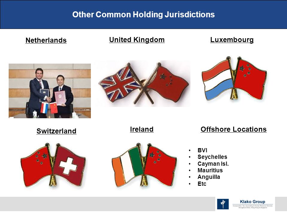 Other Common Holding Jurisdictions LuxembourgUnited Kingdom Ireland Netherlands Switzerland Offshore Locations BVI Seychelles Cayman Isl.