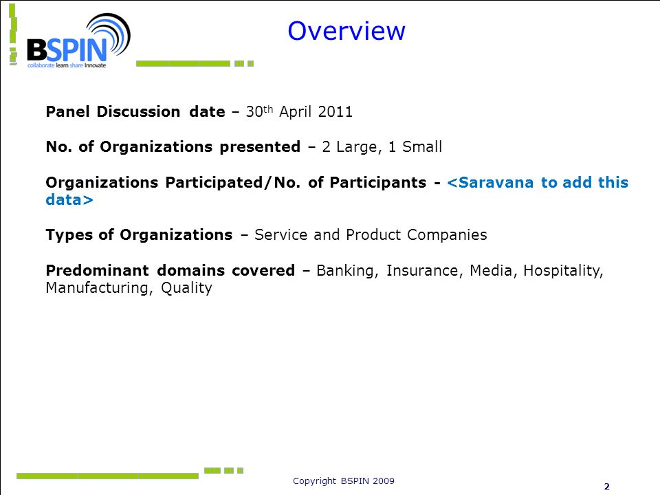 Copyright BSPIN Overview Panel Discussion date – 30 th April 2011 No.