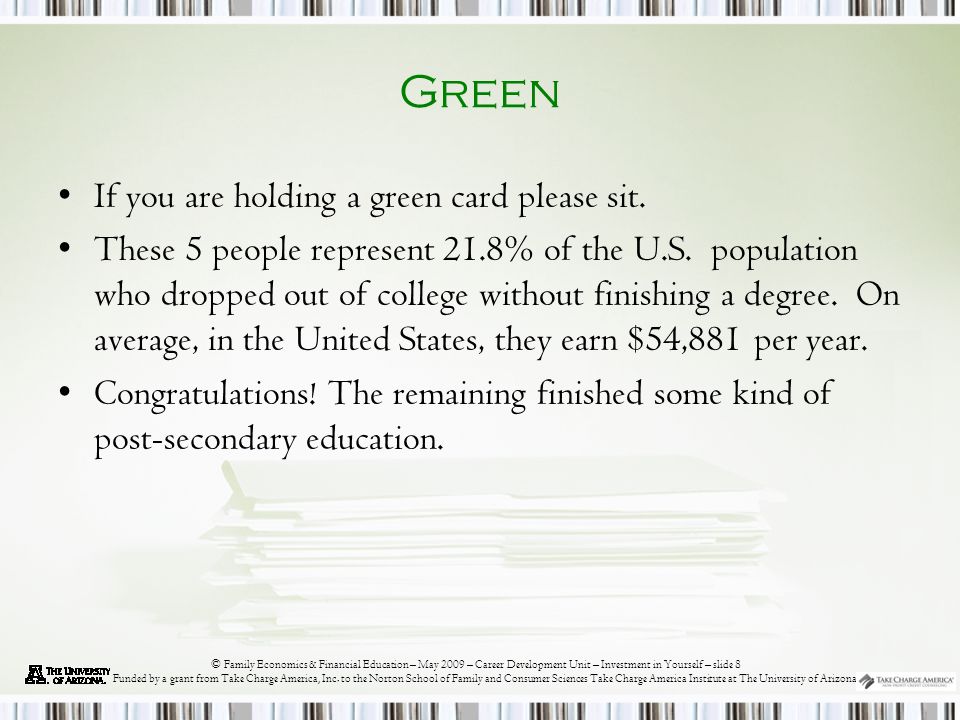 © Family Economics & Financial Education – May 2009 – Career Development Unit – Investment in Yourself – slide 8 Funded by a grant from Take Charge America, Inc.