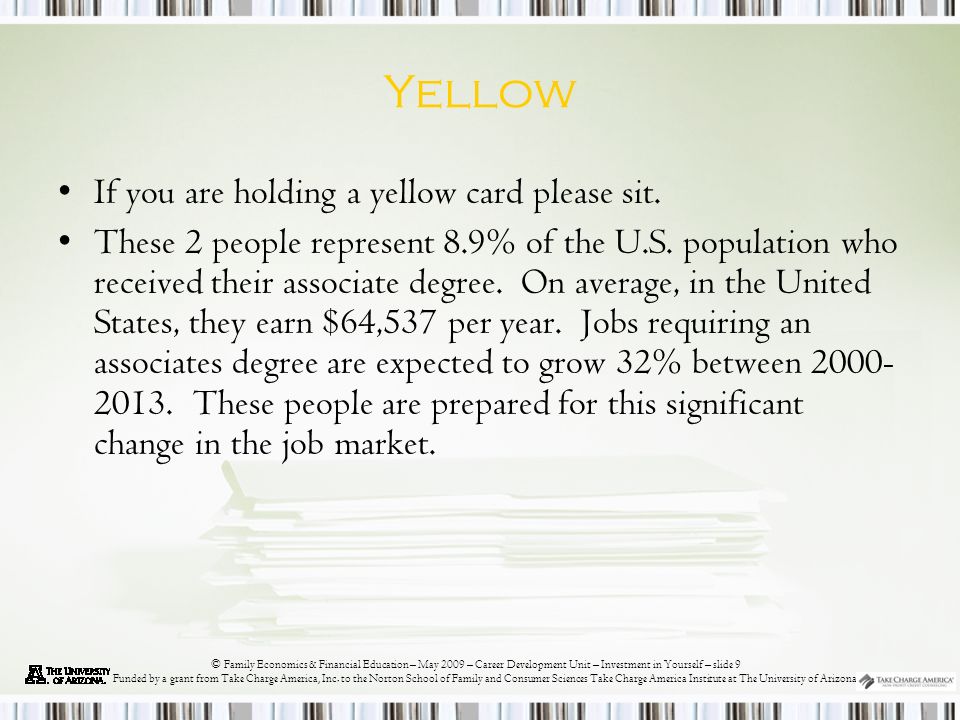 © Family Economics & Financial Education – May 2009 – Career Development Unit – Investment in Yourself – slide 9 Funded by a grant from Take Charge America, Inc.