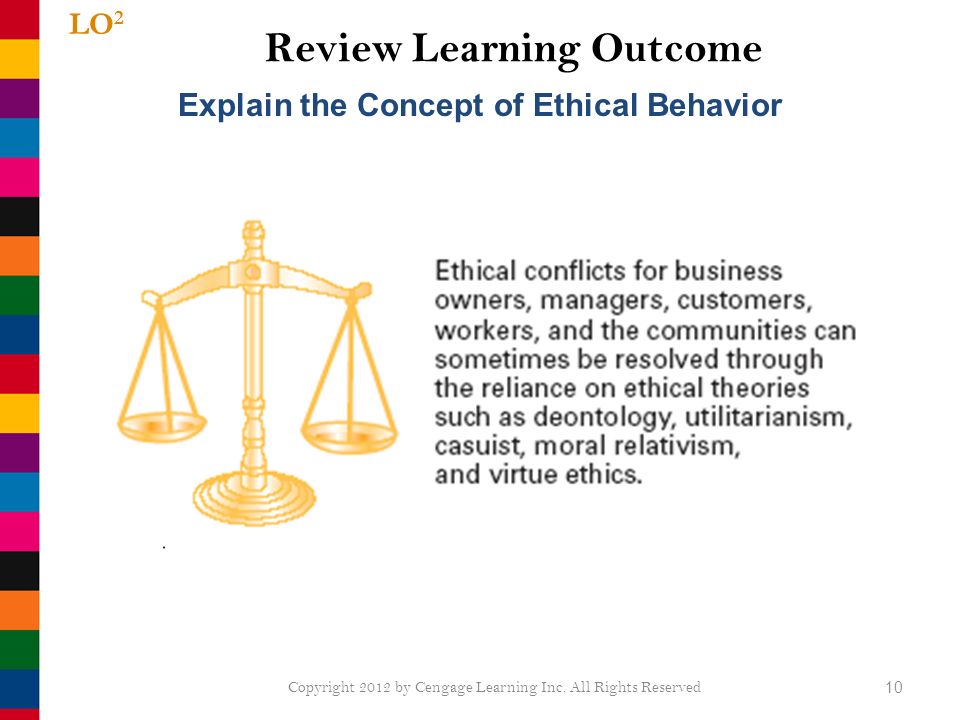 Review Learning Outcome 10 LO 2 Explain the Concept of Ethical Behavior Copyright 2012 by Cengage Learning Inc.