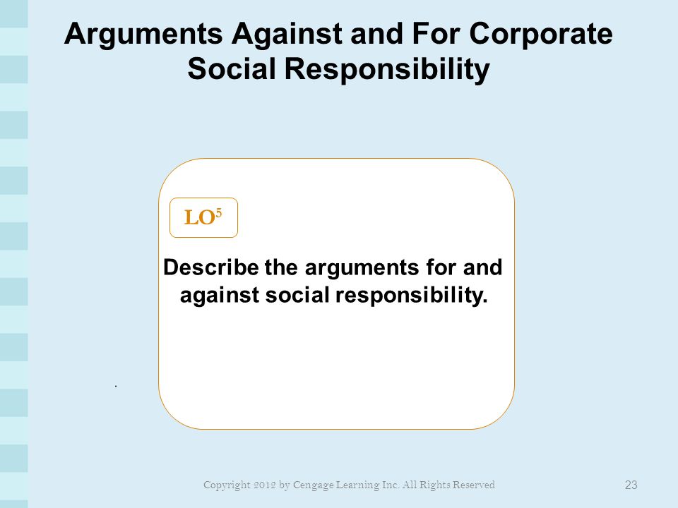 Arguments Against and For Corporate Social Responsibility 23 Describe the arguments for and against social responsibility.