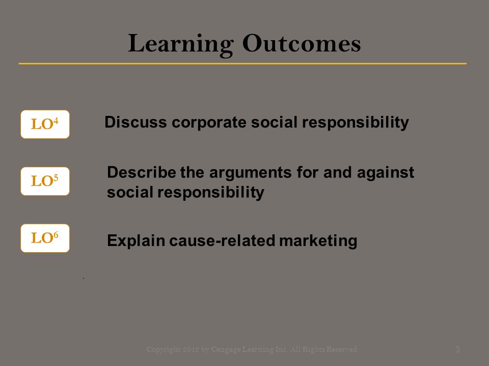 Learning Outcomes 3 Discuss corporate social responsibility LO 5 LO 6 LO 4 Copyright 2012 by Cengage Learning Inc.