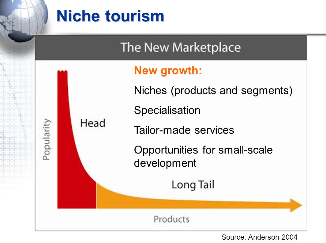 Niche tourism Source: Anderson 2004 New growth: Niches (products and segments) Specialisation Tailor-made services Opportunities for small-scale development