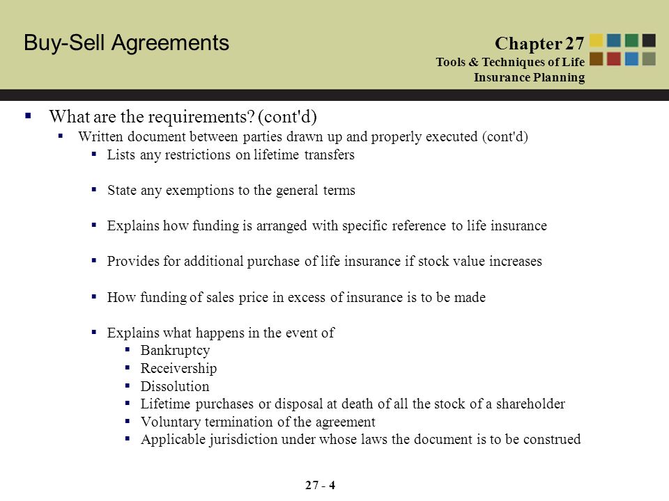 buy sell agreements chapter 27 tools techniques of life insurance buy and sell agreement