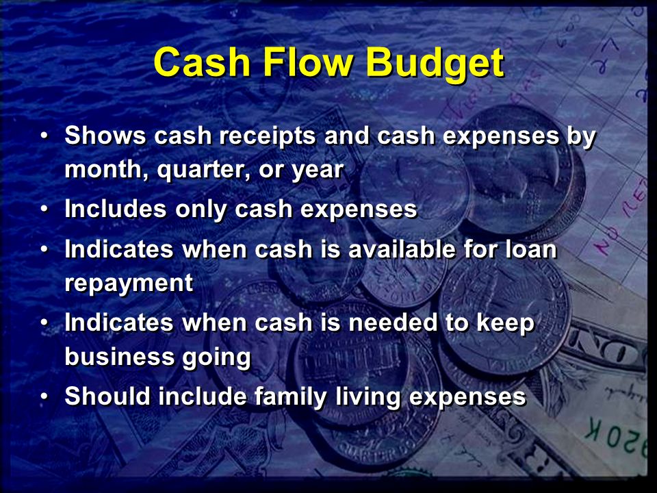 Cash Flow Budget Shows cash receipts and cash expenses by month, quarter, or year Includes only cash expenses Indicates when cash is available for loan repayment Indicates when cash is needed to keep business going Should include family living expenses Shows cash receipts and cash expenses by month, quarter, or year Includes only cash expenses Indicates when cash is available for loan repayment Indicates when cash is needed to keep business going Should include family living expenses