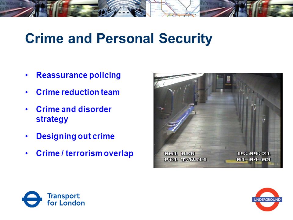 Crime and Personal Security Reassurance policing Crime reduction team Crime and disorder strategy Designing out crime Crime / terrorism overlap
