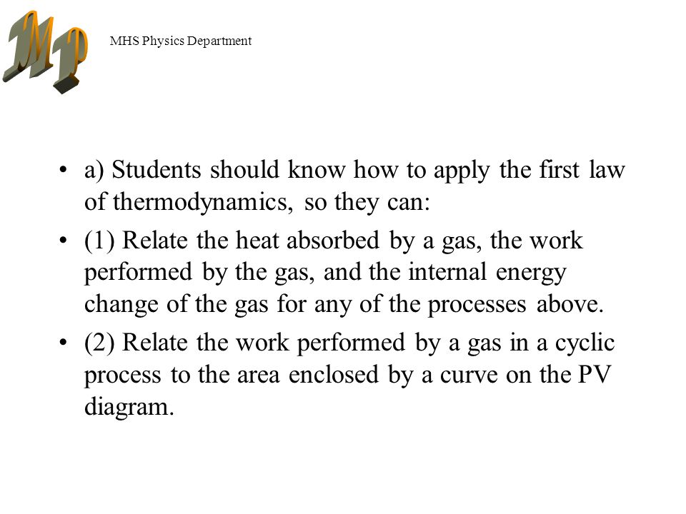 MHS Physics Department a) Students should know how to apply the first law of thermodynamics, so they can: (1) Relate the heat absorbed by a gas, the work performed by the gas, and the internal energy change of the gas for any of the processes above.