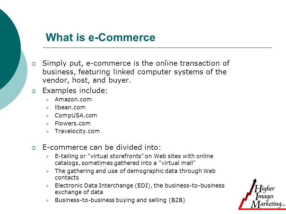 What is e-Commerce  Simply put, e-commerce is the online transaction of business, featuring linked computer systems of the vendor, host, and buyer.