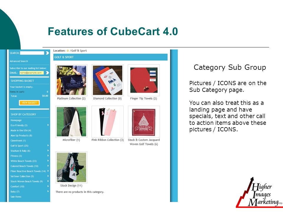 Features of CubeCart 4.0 Category Sub Group Pictures / ICONS are on the Sub Category page.