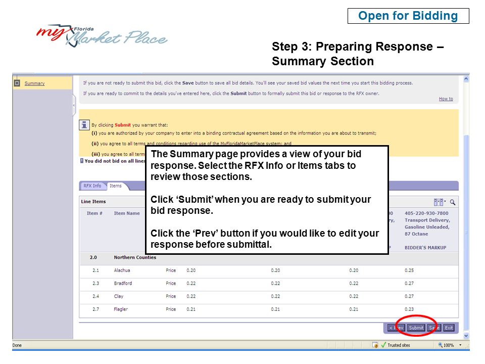 Step 3: Preparing Response – Summary Section Open for Bidding The Summary page provides a view of your bid response.