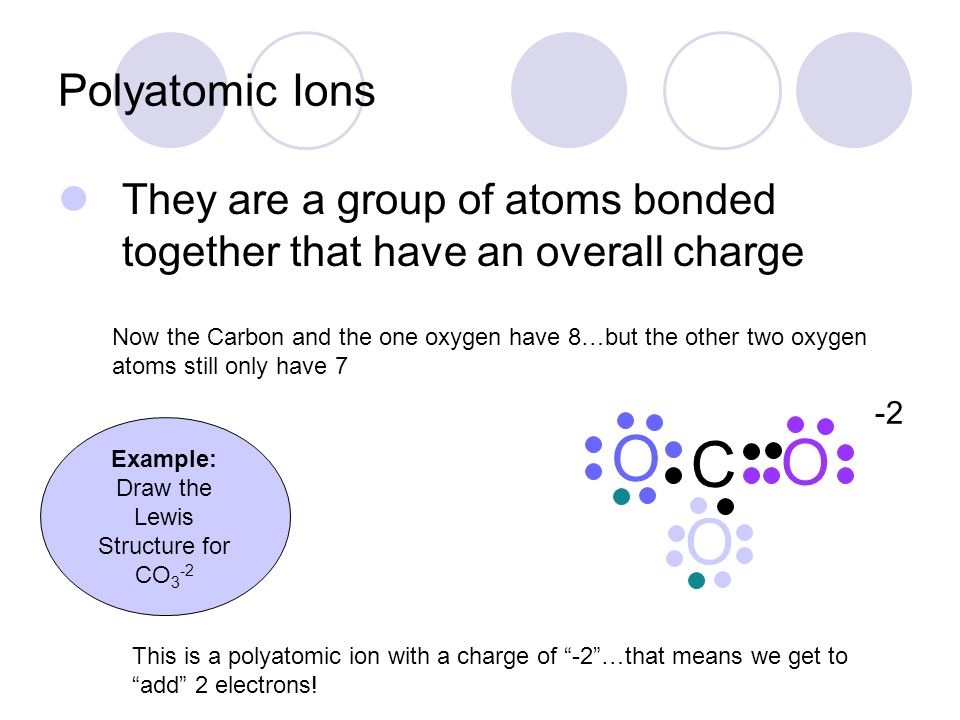 Polyatomic Ions They are a group of atoms bonded together that have an overall charge Example: Draw the Lewis Structure for CO 3 -2 C O Now the Carbon and the one oxygen have 8…but the other two oxygen atoms still only have 7 O O This is a polyatomic ion with a charge of -2 …that means we get to add 2 electrons.