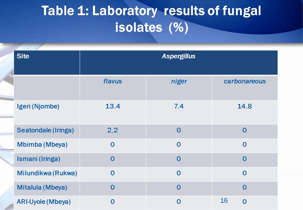 Table 1: Laboratory results of fungal isolates (%) SiteAspergillus flavusnigercarbonareous Igeri (Njombe) Seatondale (Iringa)2.200 Mbimba (Mbeya)000 Ismani (Iringa)000 Milundikwa (Rukwa)000 Mitalula (Mbeya)000 ARI-Uyole (Mbeya)000 16