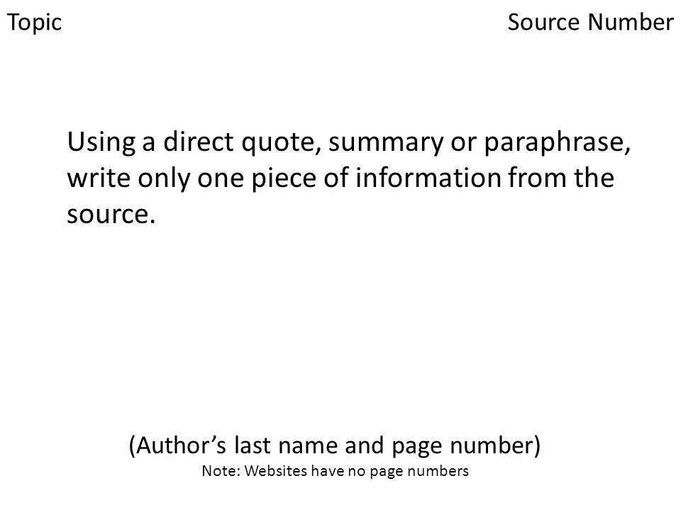 Topic Using a direct quote, summary or paraphrase, write only one piece of information from the source.
