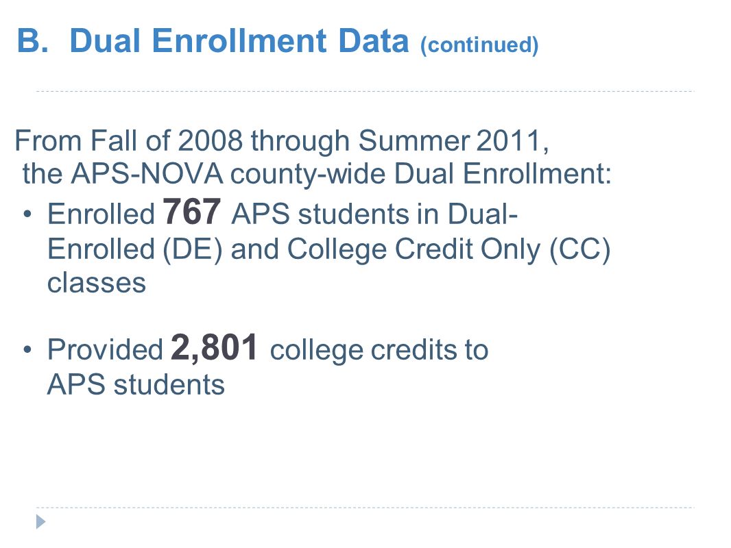 From Fall of 2008 through Summer 2011, the APS-NOVA county-wide Dual Enrollment: Enrolled 767 APS students in Dual- Enrolled (DE) and College Credit Only (CC) classes Provided 2,801 college credits to APS students