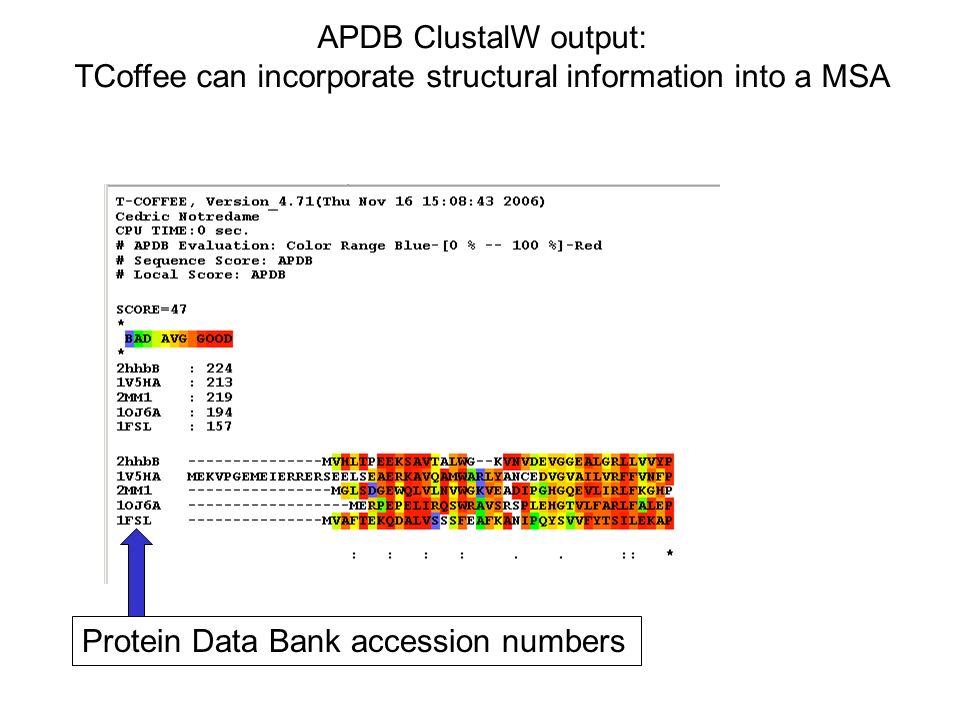 APDB ClustalW output: TCoffee can incorporate structural information into a MSA Protein Data Bank accession numbers