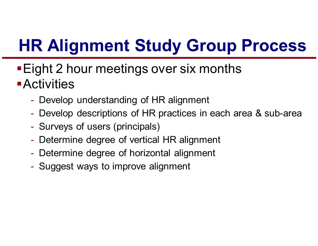 HR Alignment Study Group Process  Eight 2 hour meetings over six months  Activities -Develop understanding of HR alignment -Develop descriptions of HR practices in each area & sub-area -Surveys of users (principals) -Determine degree of vertical HR alignment -Determine degree of horizontal alignment -Suggest ways to improve alignment