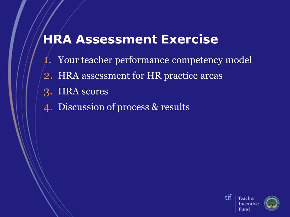 HRA Assessment Exercise 1. Your teacher performance competency model 2.