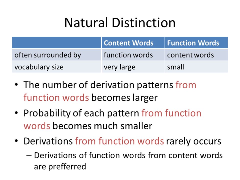 Natural Distinction The number of derivation patterns from function words becomes larger Probability of each pattern from function words becomes much smaller Derivations from function words rarely occurs – Derivations of function words from content words are prefferred Content WordsFunction Words often surrounded byfunction wordscontent words vocabulary sizevery largesmall