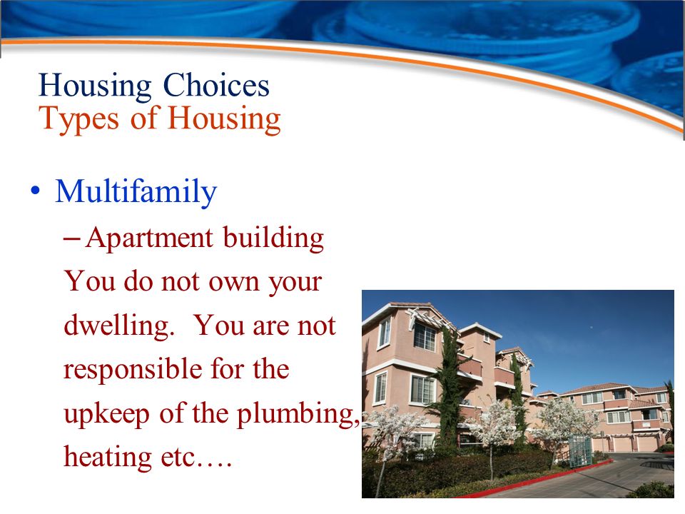 Housing Choices Types of Housing Multifamily – Apartment building You do not own your dwelling.
