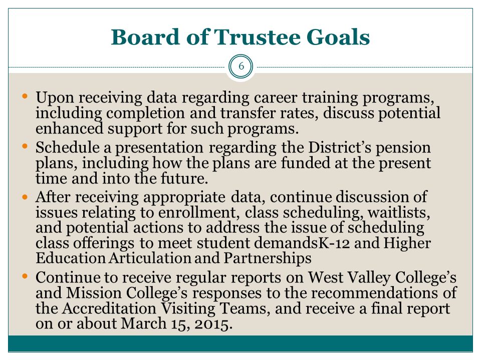 Board of Trustee Goals Upon receiving data regarding career training programs, including completion and transfer rates, discuss potential enhanced support for such programs.