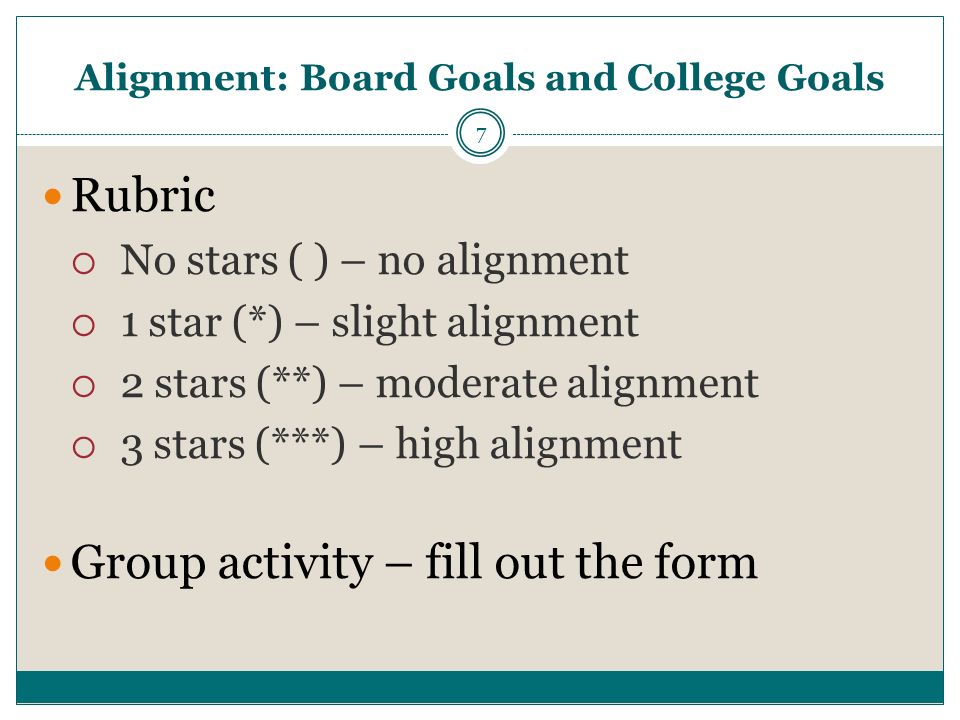 Alignment: Board Goals and College Goals 7 Rubric  No stars ( ) – no alignment  1 star (*) – slight alignment  2 stars (**) – moderate alignment  3 stars (***) – high alignment Group activity – fill out the form
