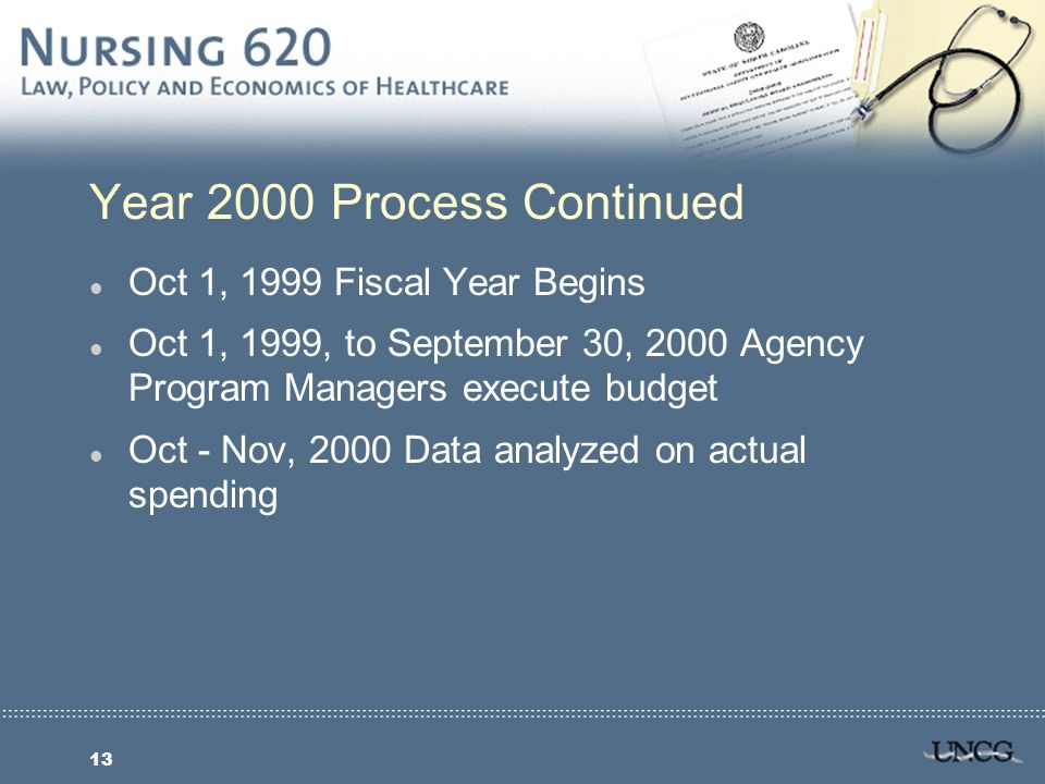13 Year 2000 Process Continued l Oct 1, 1999 Fiscal Year Begins l Oct 1, 1999, to September 30, 2000 Agency Program Managers execute budget l Oct - Nov, 2000 Data analyzed on actual spending