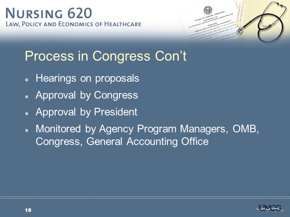 18 Process in Congress Con’t l Hearings on proposals l Approval by Congress l Approval by President l Monitored by Agency Program Managers, OMB, Congress, General Accounting Office