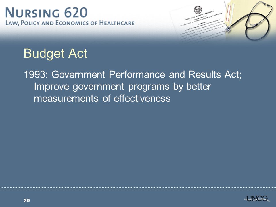 20 Budget Act 1993: Government Performance and Results Act; Improve government programs by better measurements of effectiveness