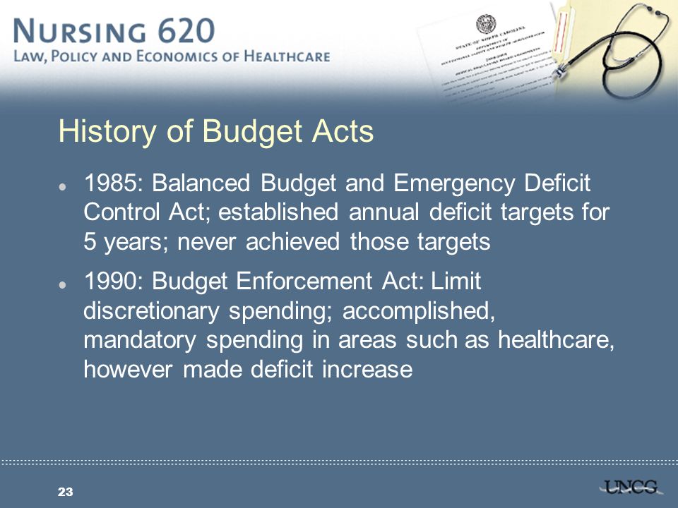 23 History of Budget Acts l 1985: Balanced Budget and Emergency Deficit Control Act; established annual deficit targets for 5 years; never achieved those targets l 1990: Budget Enforcement Act: Limit discretionary spending; accomplished, mandatory spending in areas such as healthcare, however made deficit increase