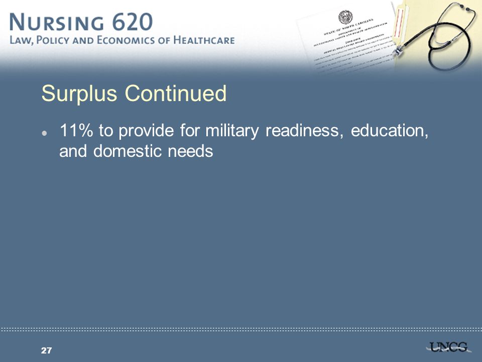 27 Surplus Continued l 11% to provide for military readiness, education, and domestic needs