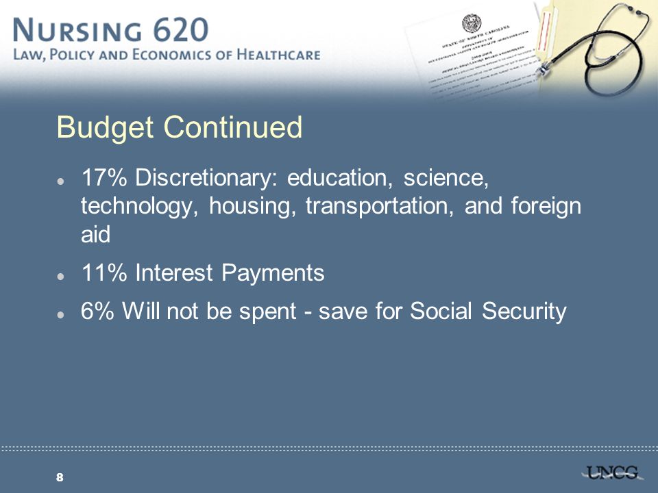 8 Budget Continued l 17% Discretionary: education, science, technology, housing, transportation, and foreign aid l 11% Interest Payments l 6% Will not be spent - save for Social Security