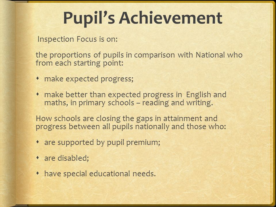 Pupil’s Achievement Inspection Focus is on: the proportions of pupils in comparison with National who from each starting point:  make expected progress;  make better than expected progress in English and maths, in primary schools – reading and writing.