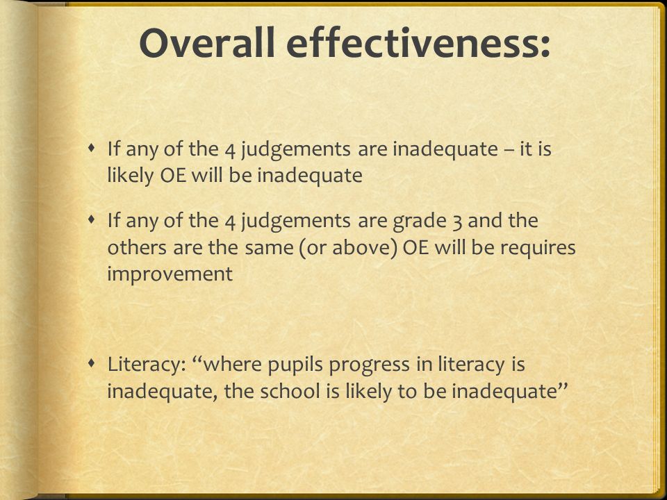Overall effectiveness:  If any of the 4 judgements are inadequate – it is likely OE will be inadequate  If any of the 4 judgements are grade 3 and the others are the same (or above) OE will be requires improvement  Literacy: where pupils progress in literacy is inadequate, the school is likely to be inadequate