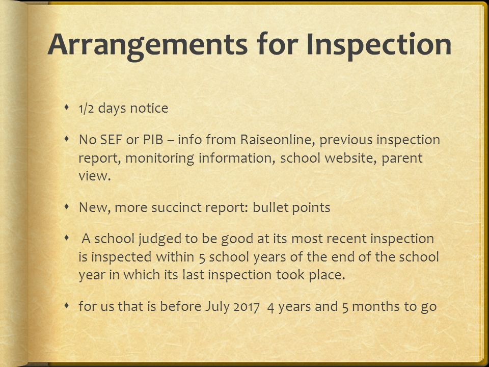 Arrangements for Inspection  1/2 days notice  No SEF or PIB – info from Raiseonline, previous inspection report, monitoring information, school website, parent view.
