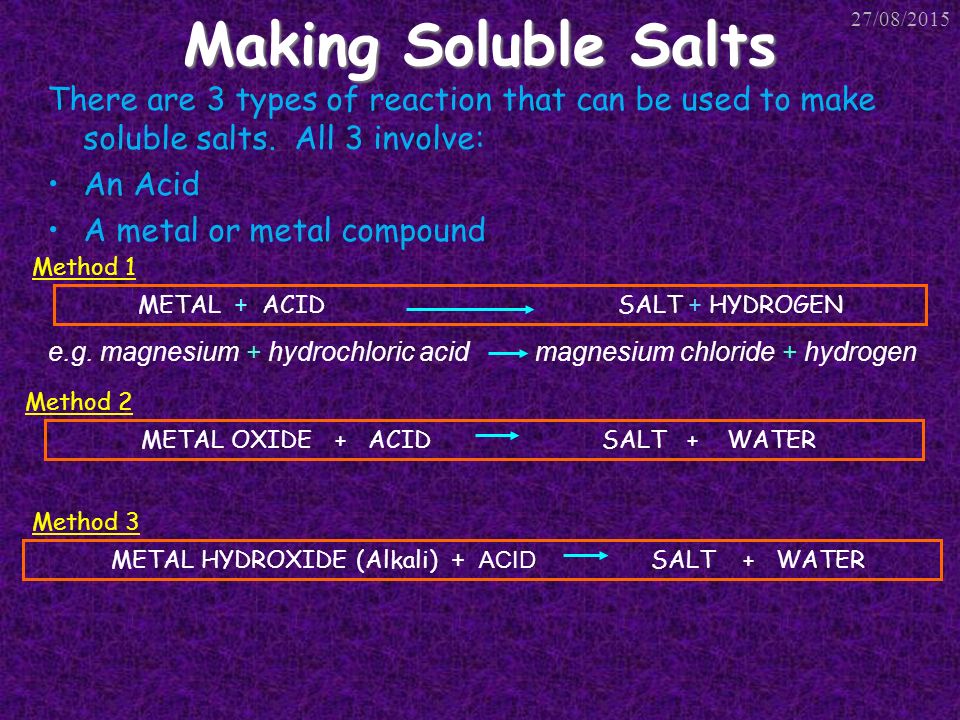 Making Soluble Salts There are 3 types of reaction that can be used to make soluble salts.