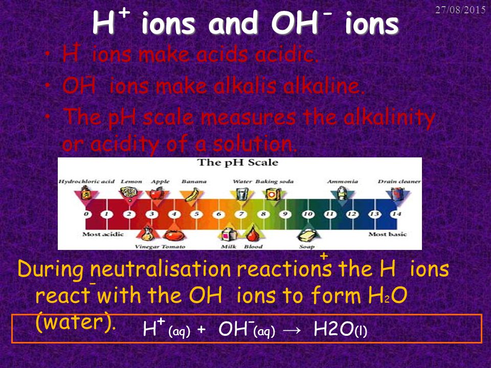 H ions and OH ions H ions make acids acidic. OH ions make alkalis alkaline.
