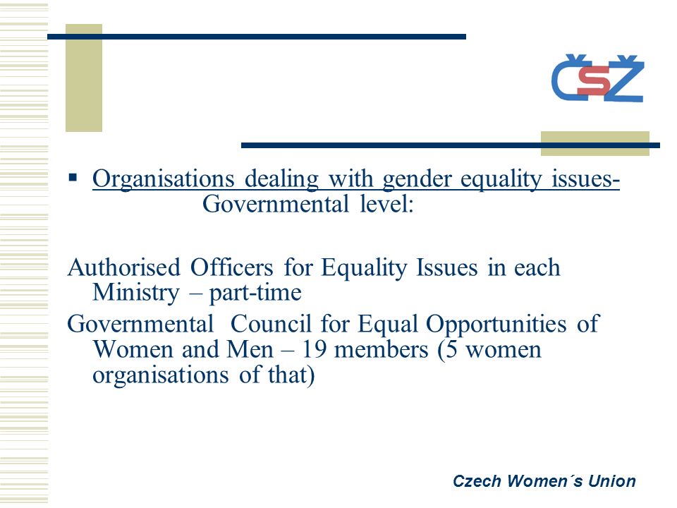  Organisations dealing with gender equality issues- Governmental level: Authorised Officers for Equality Issues in each Ministry – part-time Governmental Council for Equal Opportunities of Women and Men – 19 members (5 women organisations of that) Czech Women´s Union