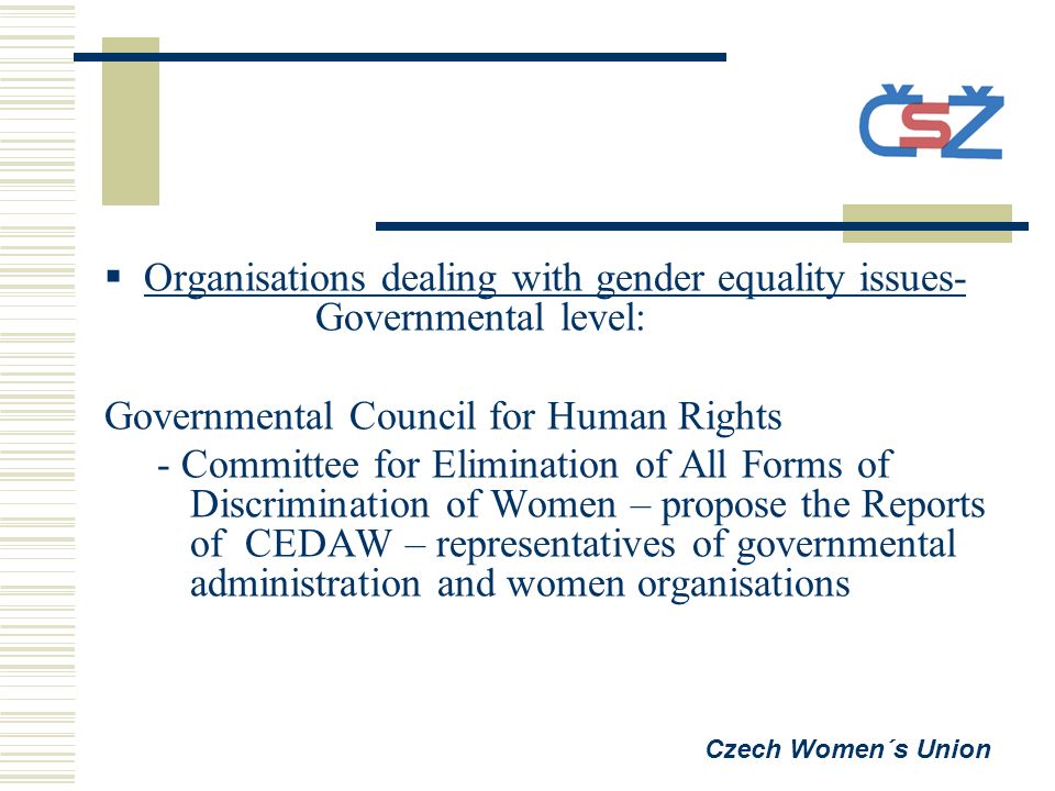  Organisations dealing with gender equality issues- Governmental level: Governmental Council for Human Rights - Committee for Elimination of All Forms of Discrimination of Women – propose the Reports of CEDAW – representatives of governmental administration and women organisations Czech Women´s Union
