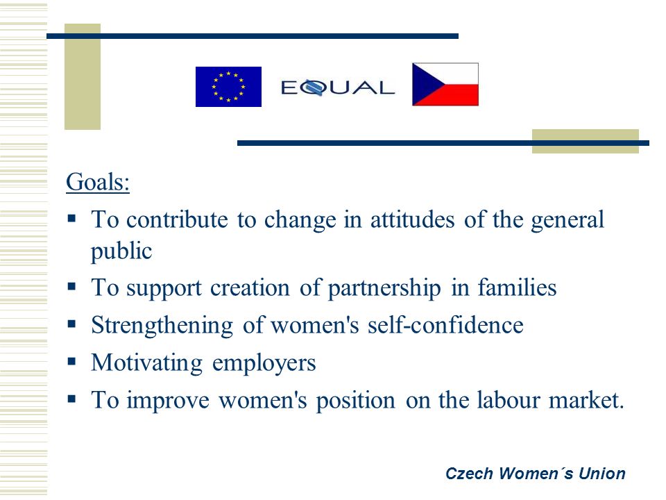 Goals:  To contribute to change in attitudes of the general public  To support creation of partnership in families  Strengthening of women s self-confidence  Motivating employers  To improve women s position on the labour market.