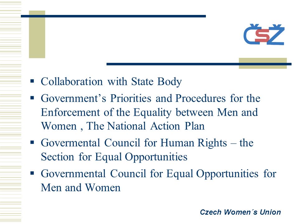  Collaboration with State Body  Government’s Priorities and Procedures for the Enforcement of the Equality between Men and Women, The National Action Plan  Govermental Council for Human Rights – the Section for Equal Opportunities  Governmental Council for Equal Opportunities for Men and Women Czech Women´s Union