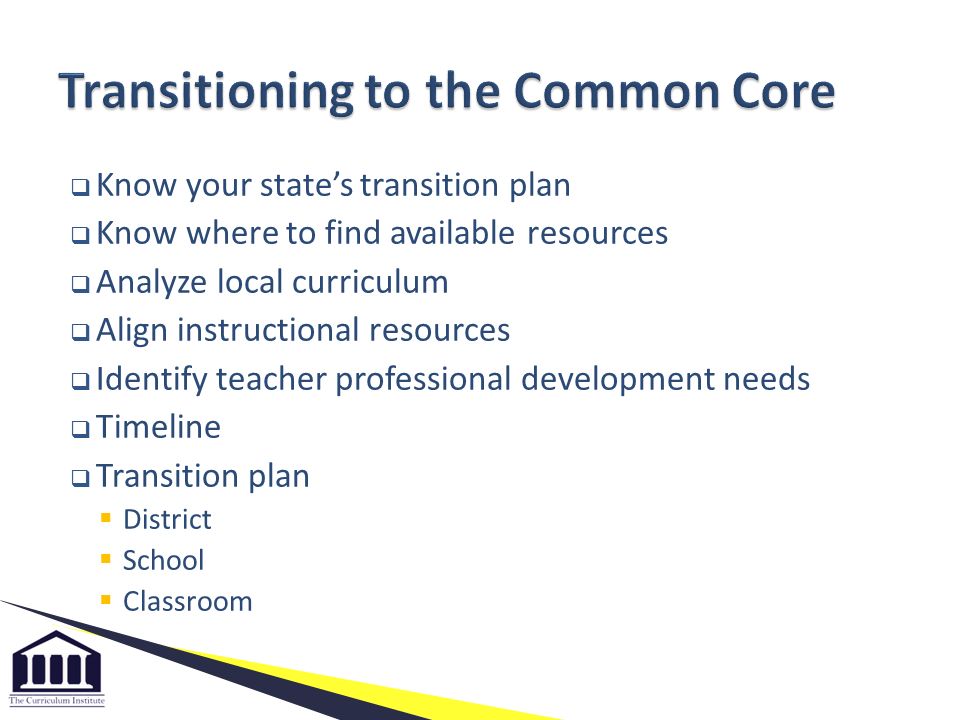  Know your state’s transition plan  Know where to find available resources  Analyze local curriculum  Align instructional resources  Identify teacher professional development needs  Timeline  Transition plan  District  School  Classroom