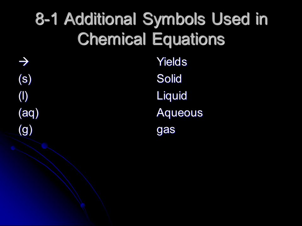 8-1 Additional Symbols Used in Chemical Equations (s)(l)(aq)(g)YieldsSolidLiquidAqueousgas