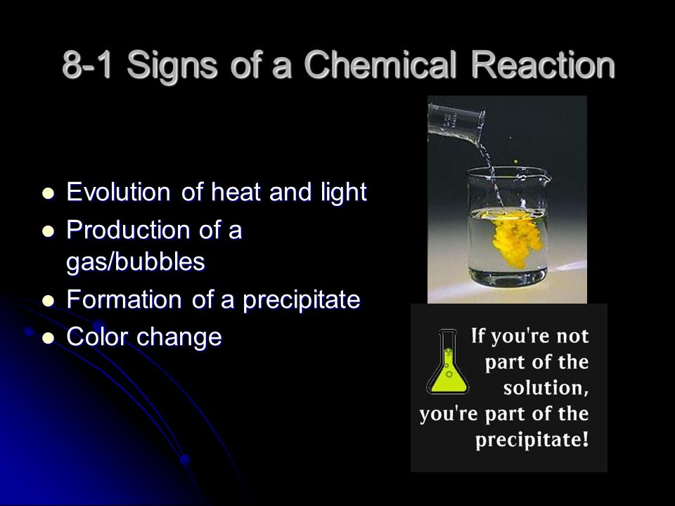 8-1 Signs of a Chemical Reaction Evolution of heat and light Evolution of heat and light Production of a gas/bubbles Production of a gas/bubbles Formation of a precipitate Formation of a precipitate Color change Color change